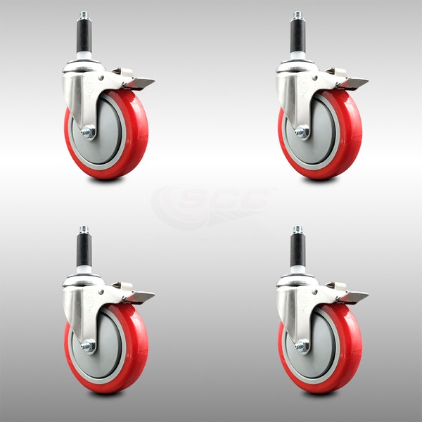 Service Caster 5 Inch 316SS Red Poly Swivel 7/8 Inch Expanding Stem Caster Set Lock Brake SCC-SS316TTLEX20S514-PPUB-RED-78-4 - main